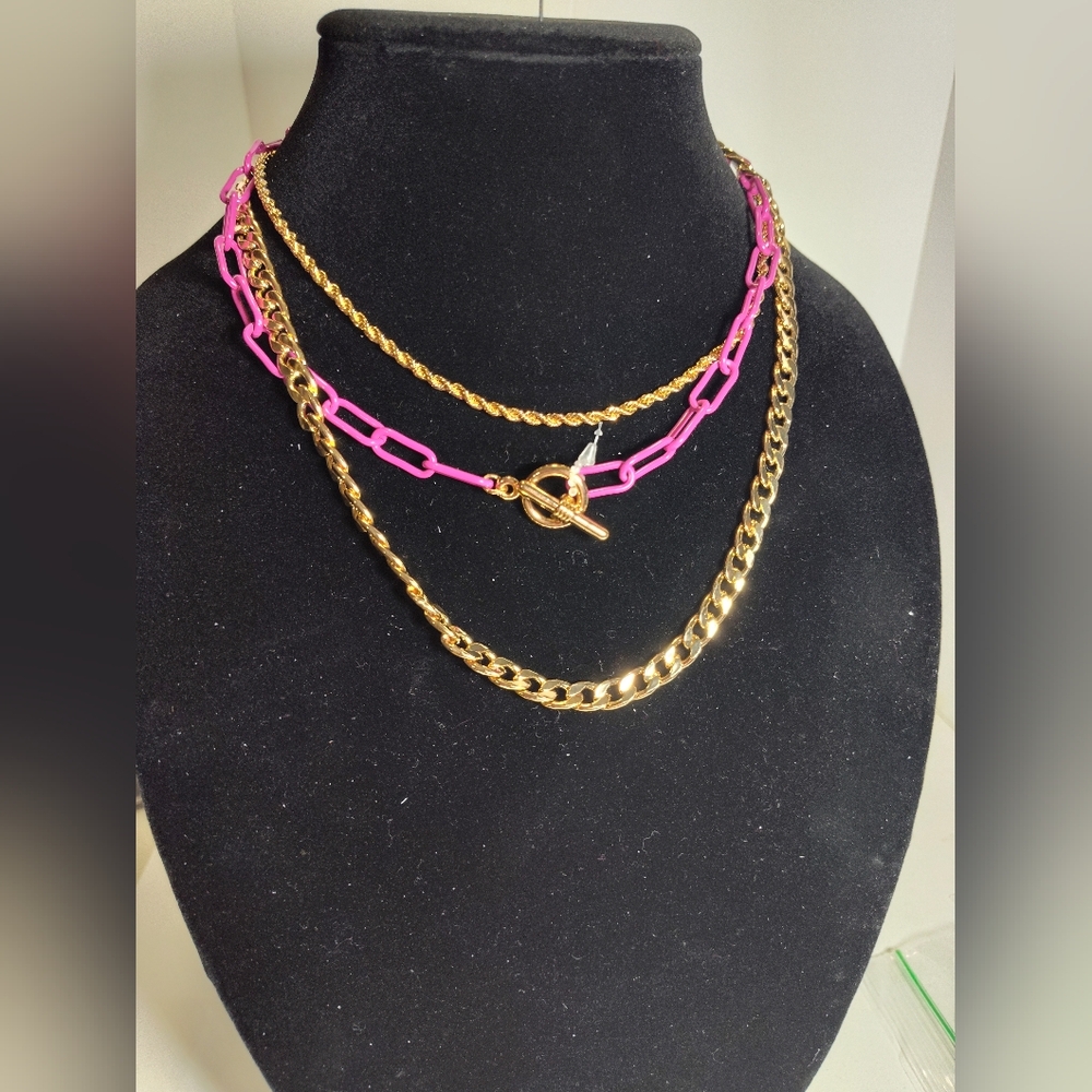 Gold and Raspberry Pink Chain Miltiple Strand  Necklace   NWOT